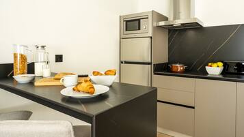 Fridge, microwave, stovetop, espresso maker