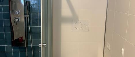 Shower, hair dryer, bidet, towels