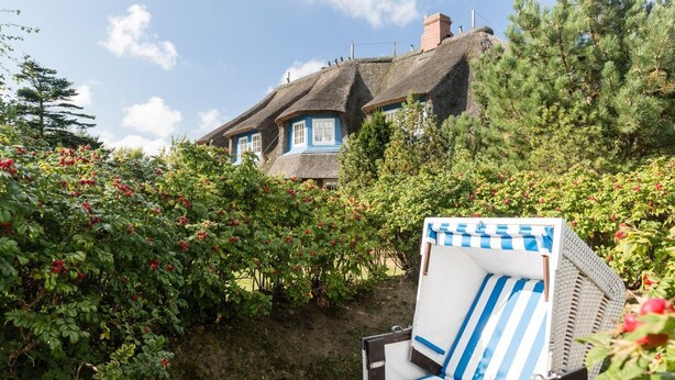 A traditional thatched-roof house with a blue window, surrounded by lush greenery and a chair with blue and white stripes. - Modern premium vacation apartment under thatch with garden, sauna and pool (Keitum)