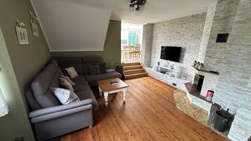 Smart TV, chimenea, reproductor de DVD y estéreo