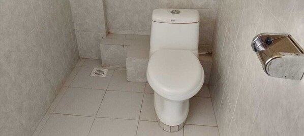 De petites toilettes blanches, dotées d’un siège-bidet en métal, dans une salle de bain carrelée.