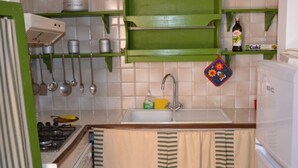 A kitchen with a sink, stove, and green shelves.