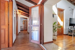 Un couloir avec un plancher en bois, une porte-fenêtre coulissante, une plante en pot et un téléviseur posé sur un meuble.