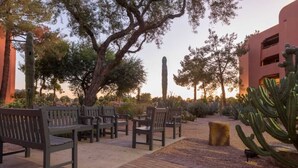 Un área de estar al aire libre con bancos y sillas, rodeada de cactus y árboles, y un edificio al fondo.