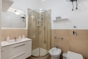 Chuveiro, secador de cabelo, toalhas de banho 