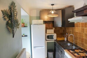 A compact kitchen with a refrigerator, microwave, stove, and sink. There are potted plants on shelves and a decorative wall piece.