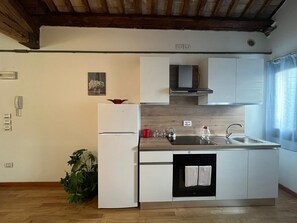 Fridge, oven, stovetop, cookware/dishes/utensils