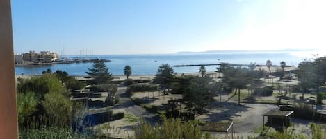 Eine Küstenansicht mit einem Yachthafen, Strand und viel Grün.