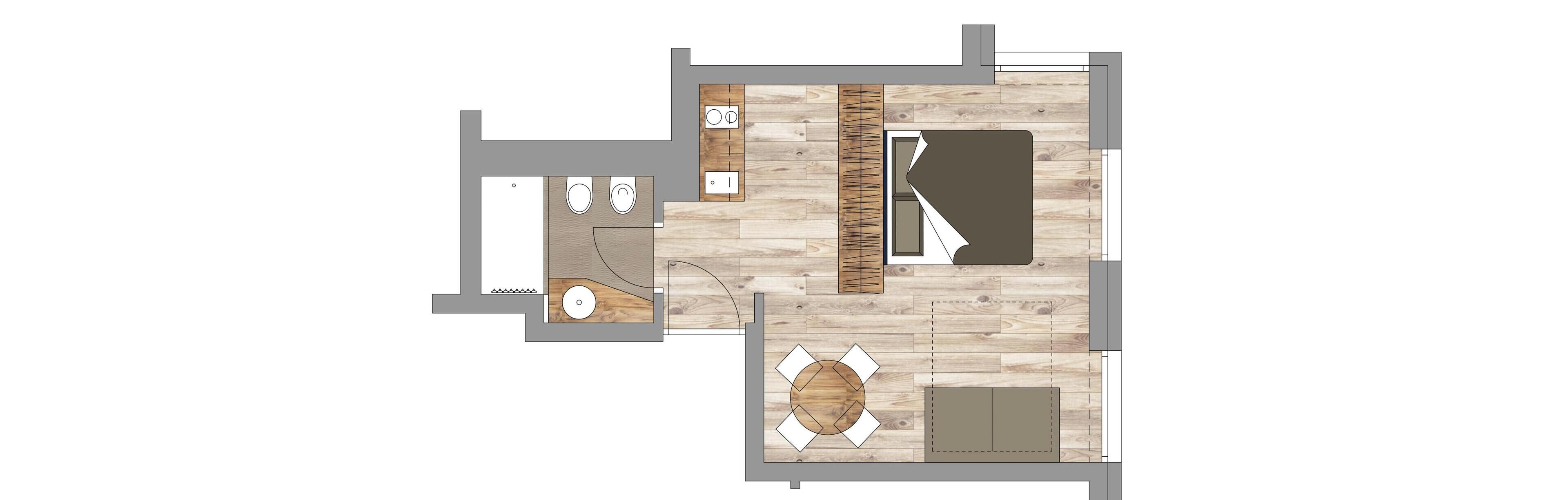 A floor plan of a hotel room with a kitchenette, a dining area, and a separate sleeping area.