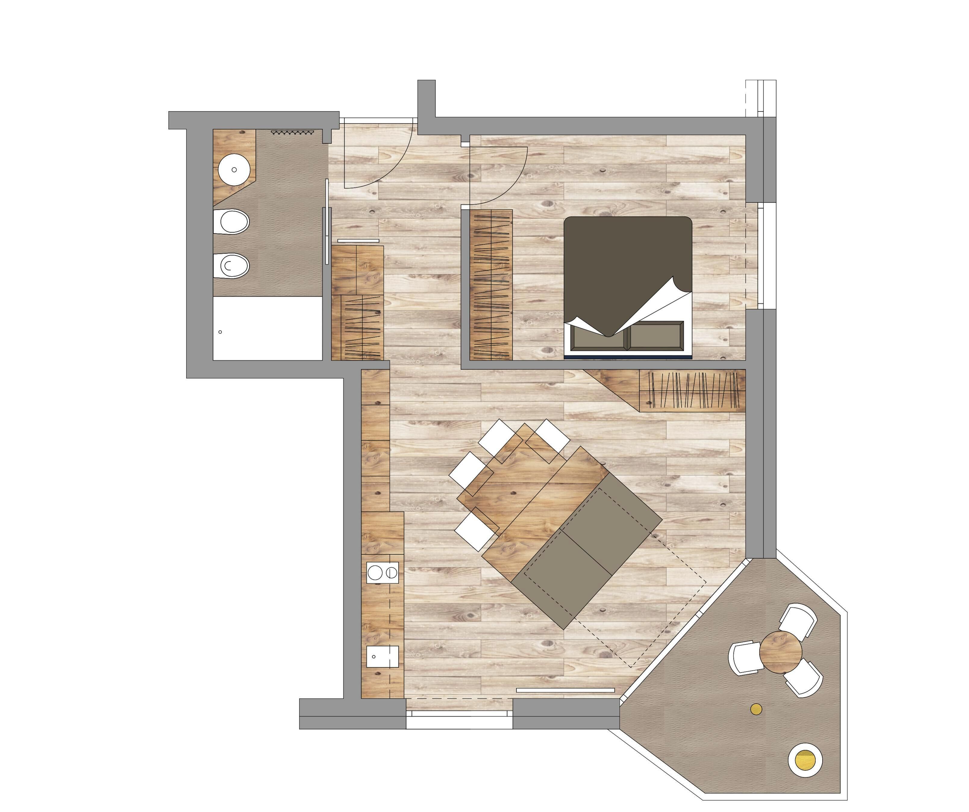 Een plattegrond van een hotelkamer met een kitchenette, een eethoek en een zithoek.