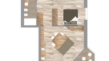 Een plattegrond van een hotelkamer met een kitchenette, een eethoek en een zithoek.