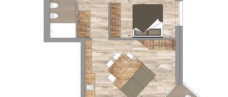 A floor plan of a hotel room with a kitchenette, a dining area, and a seating area.