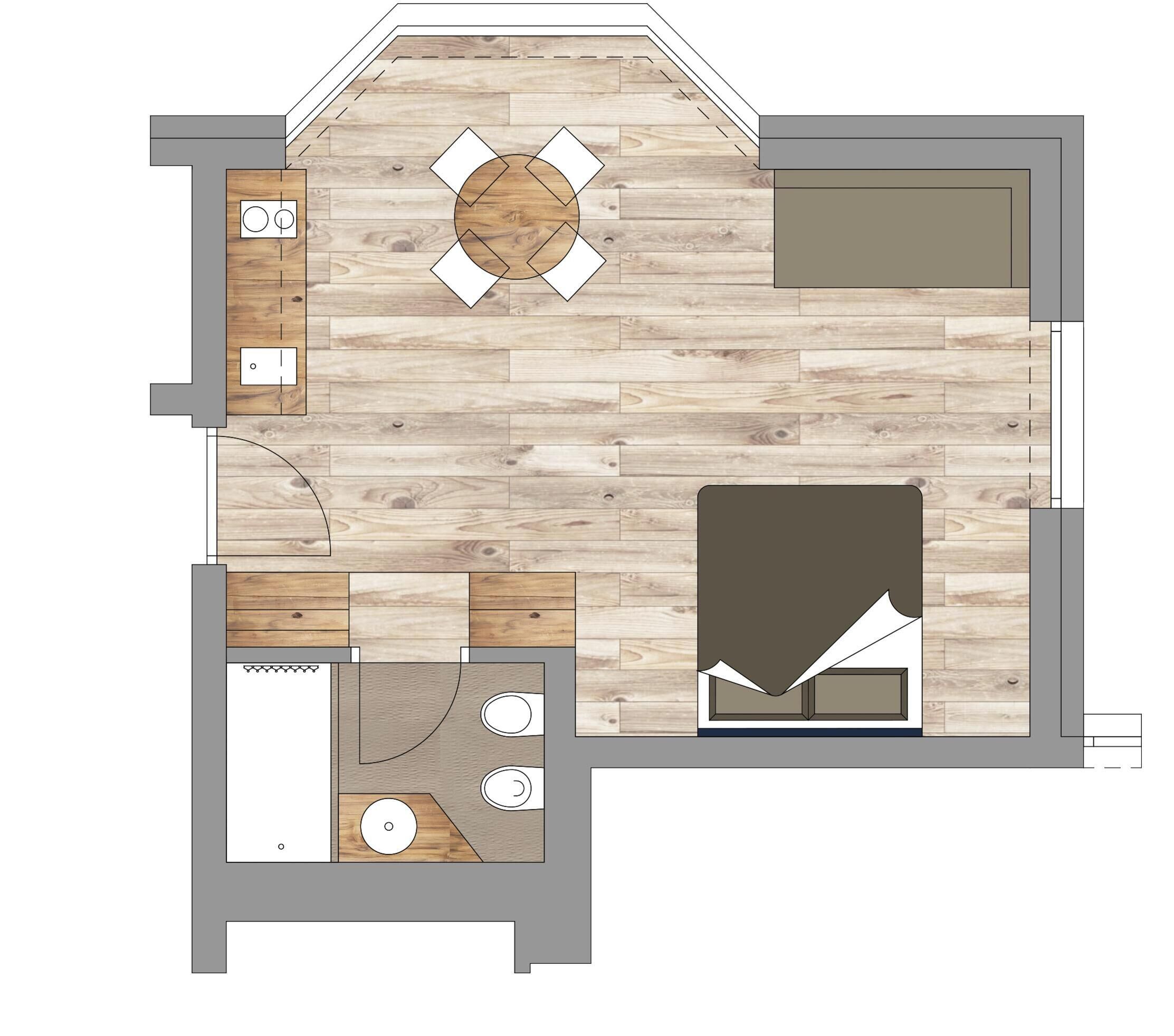A floor plan of a room with a dining table, a sofa, a bed, and a small bathroom.