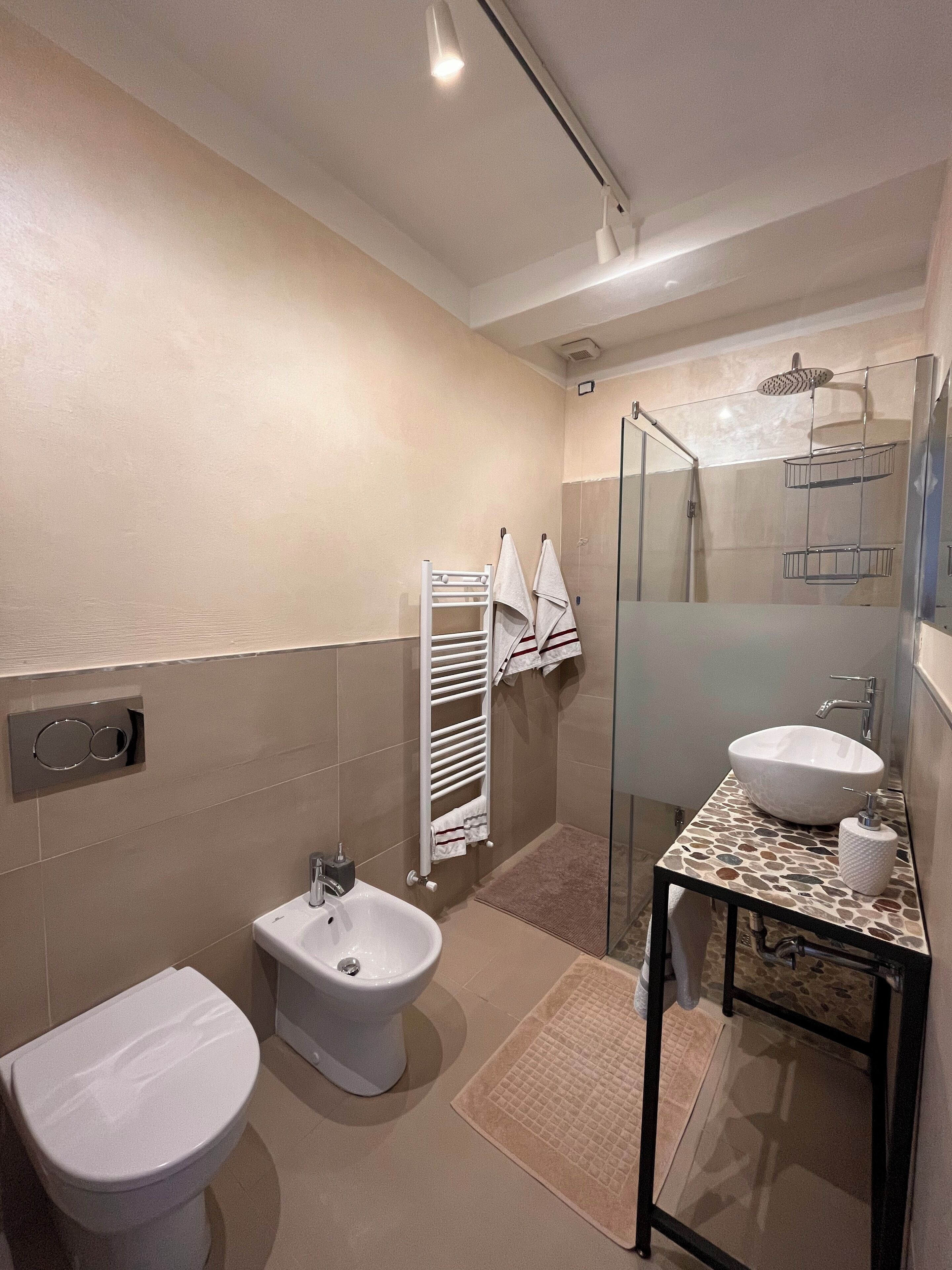 A modern bathroom with a bidet, toilet, and a glass-enclosed shower area.