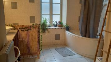 Douche, séchoir à cheveux, serviettes fournies, papier de toilette