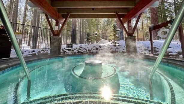 Un bain à remous situé dans une zone boisée, avec une terrasse en bois et une vue sur les arbres environnants.