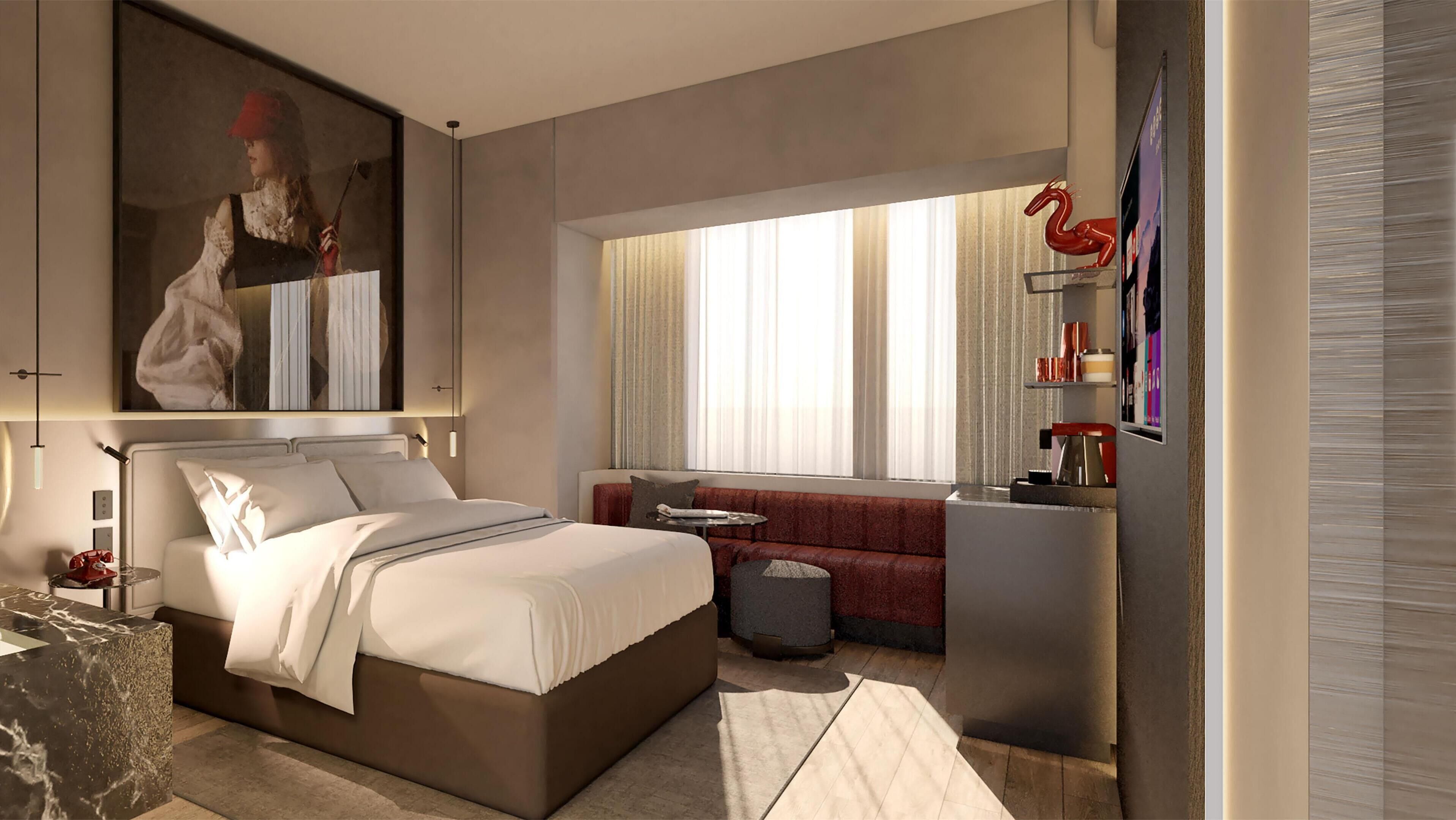 خزنة داخل الغرفة ومساحة عمل للكمبيوتر المحمول وستائر تعتيم