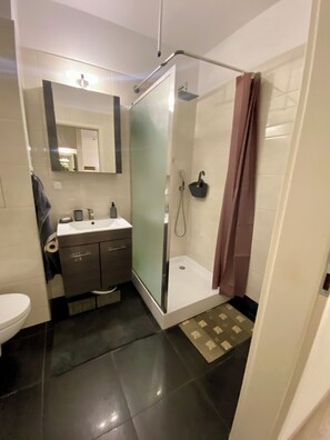 Ein modernes Badezimmer mit Duschkabine aus Glas, Waschbecken mit Spiegel und Toilette.