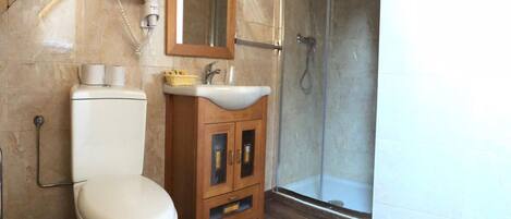 Un bagno con WC, lavandino, specchio e doccia.