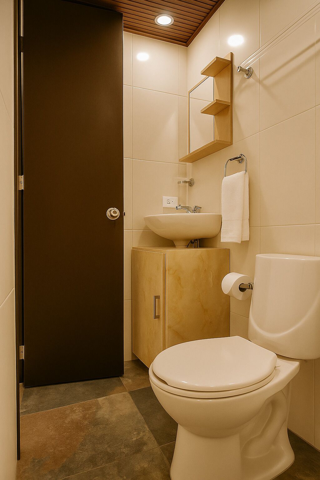 Un baño pequeño con inodoro, lavamanos y armarios de madera.
