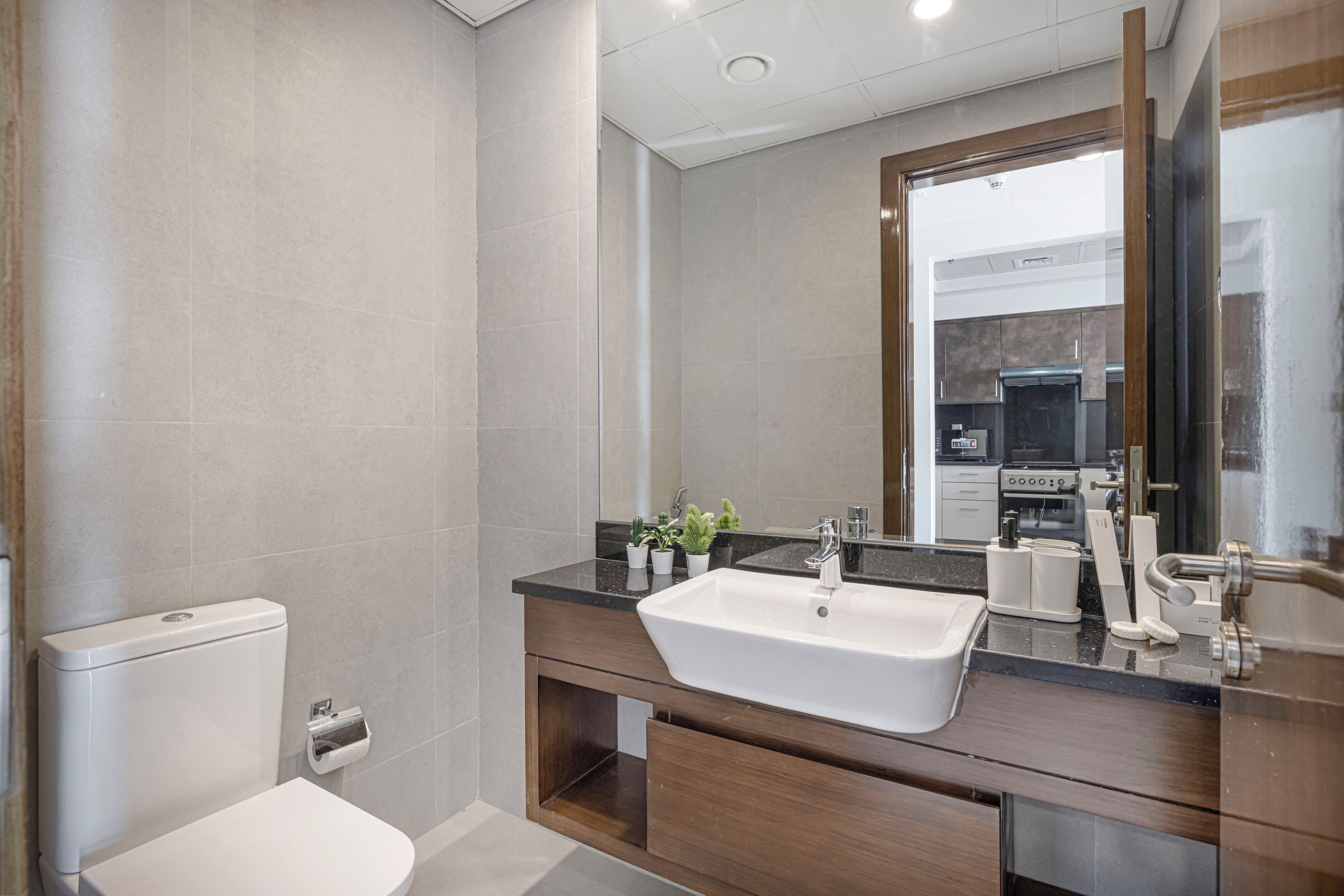 Une salle de bain moderne avec des toilettes blanches, un grand lavabo et un miroir.