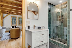 Shower, hair dryer, towels, soap - Timberframe Cabin with Hot Tub Close to Sunday River! (Bethel)