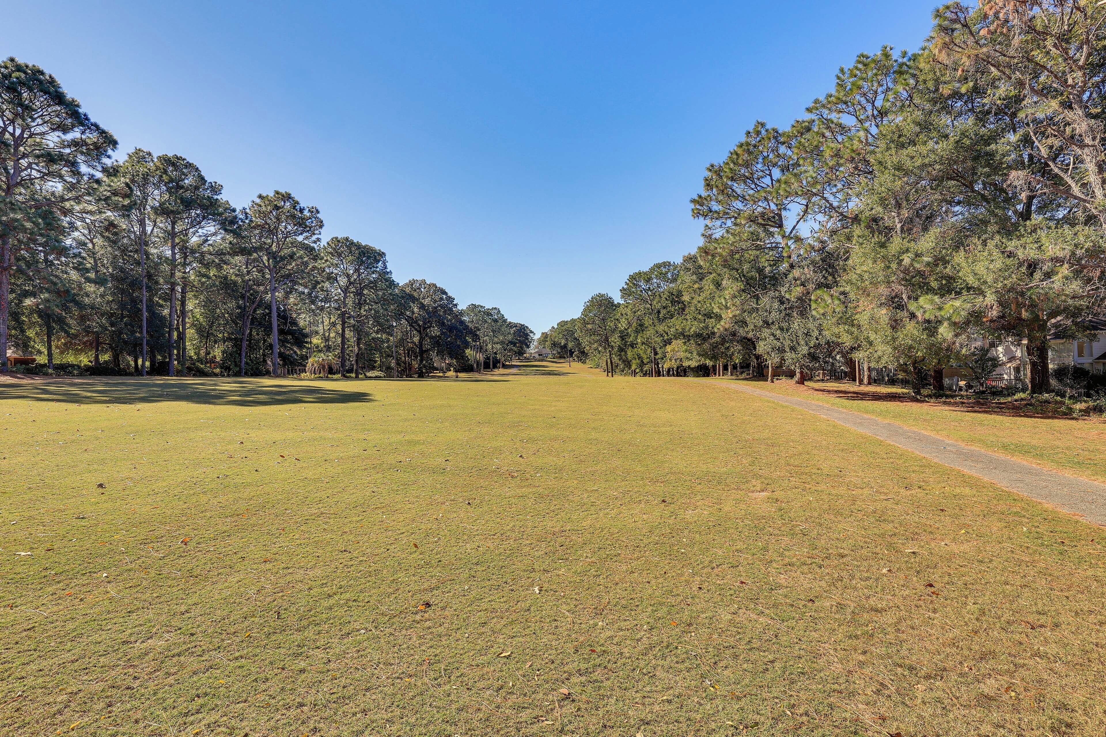 A grassy field with a pathway and trees on both sides.