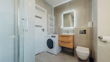 Hair dryer, towels, soap, shampoo