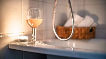 Hair dryer, towels, soap, shampoo