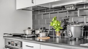 Et moderne køkken med gasblus, gryder, en slow cooker og en potte med basilikum.