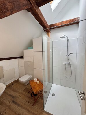 Dusche, Haartrockner, Handtücher, Seife