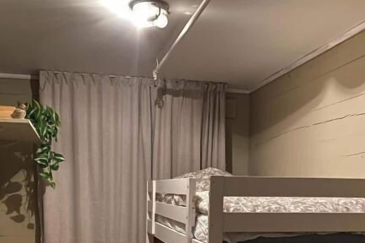 A bunk bed room with a toilet and a plant.