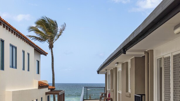 Ein Balkon mit Blick auf das Meer, einer Palme und einem Tisch mit Stühlen.