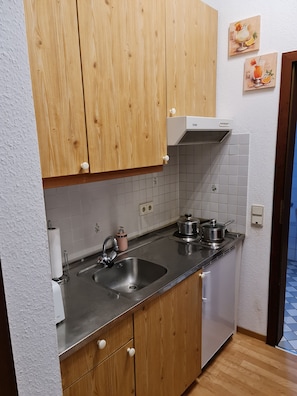 Kühlschrank, Mikrowelle, Herdplatte, Wasserkocher