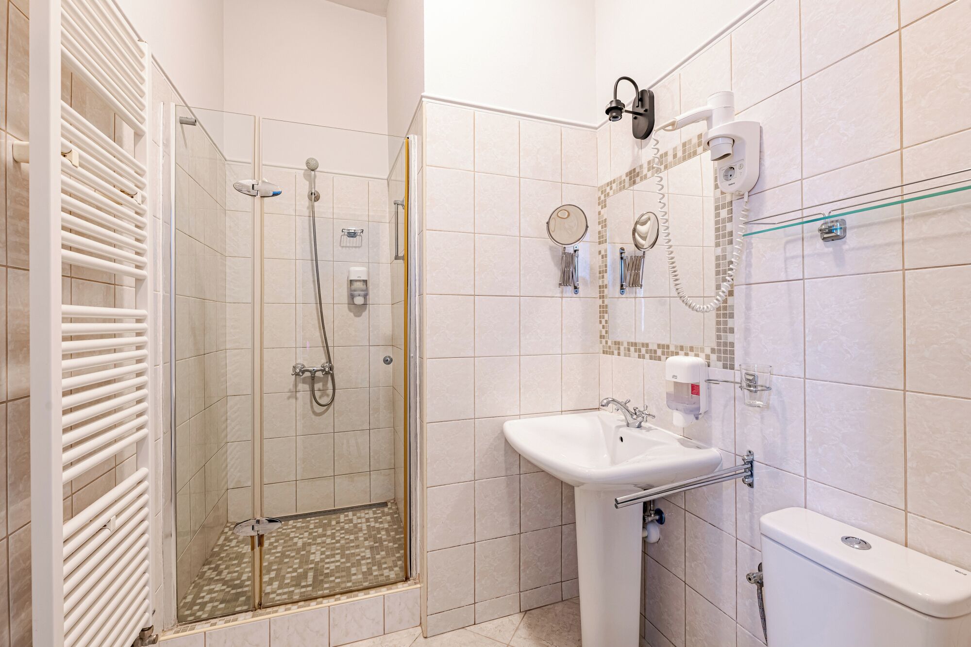 A modern bathroom with a glass-enclosed shower, a white sink, and a toilet.