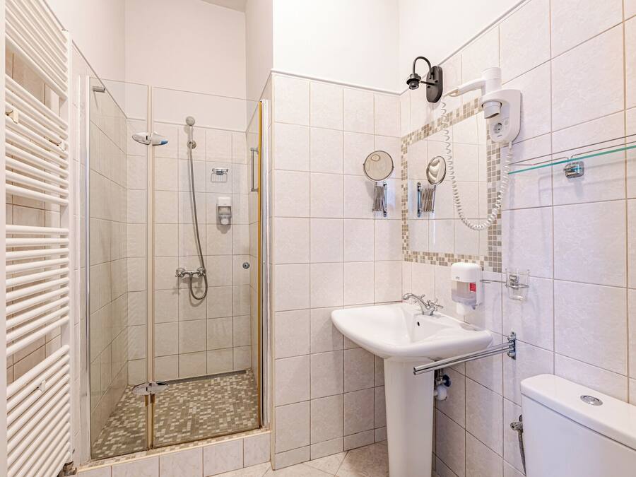 A modern bathroom with a glass-enclosed shower, a white sink, and a toilet.