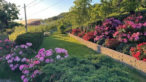 Un giardino curato con un muro in mattoni, siepi e arbusti fioriti.