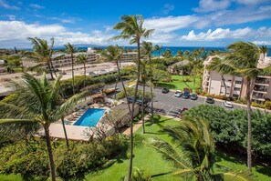 Un complexe hôtelier doté d’une piscine, de palmiers et offrant une vue sur l’océan.