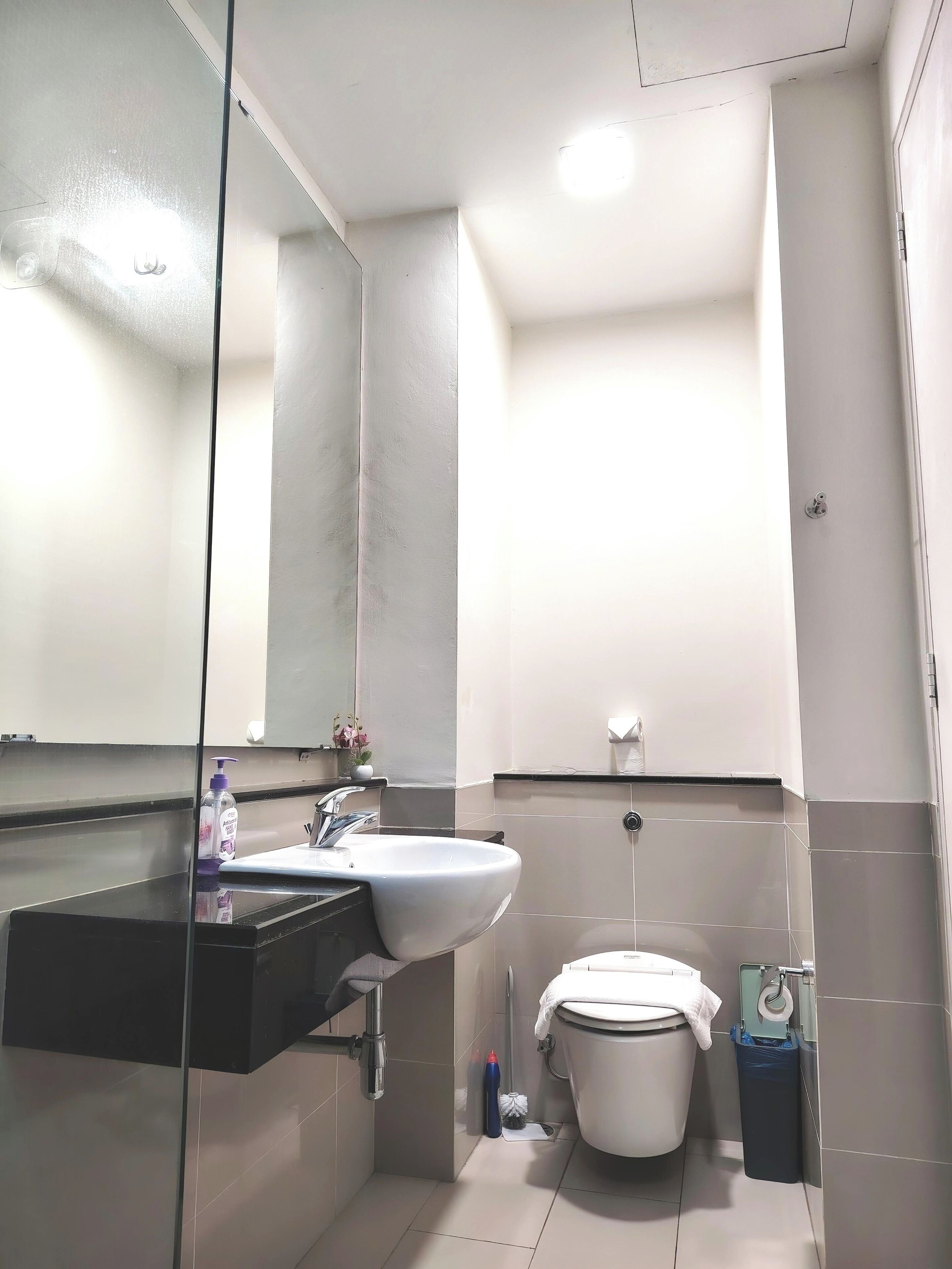 Une salle de bain équipée d’un lavabo, d’un miroir, de toilettes et d’une poubelle.