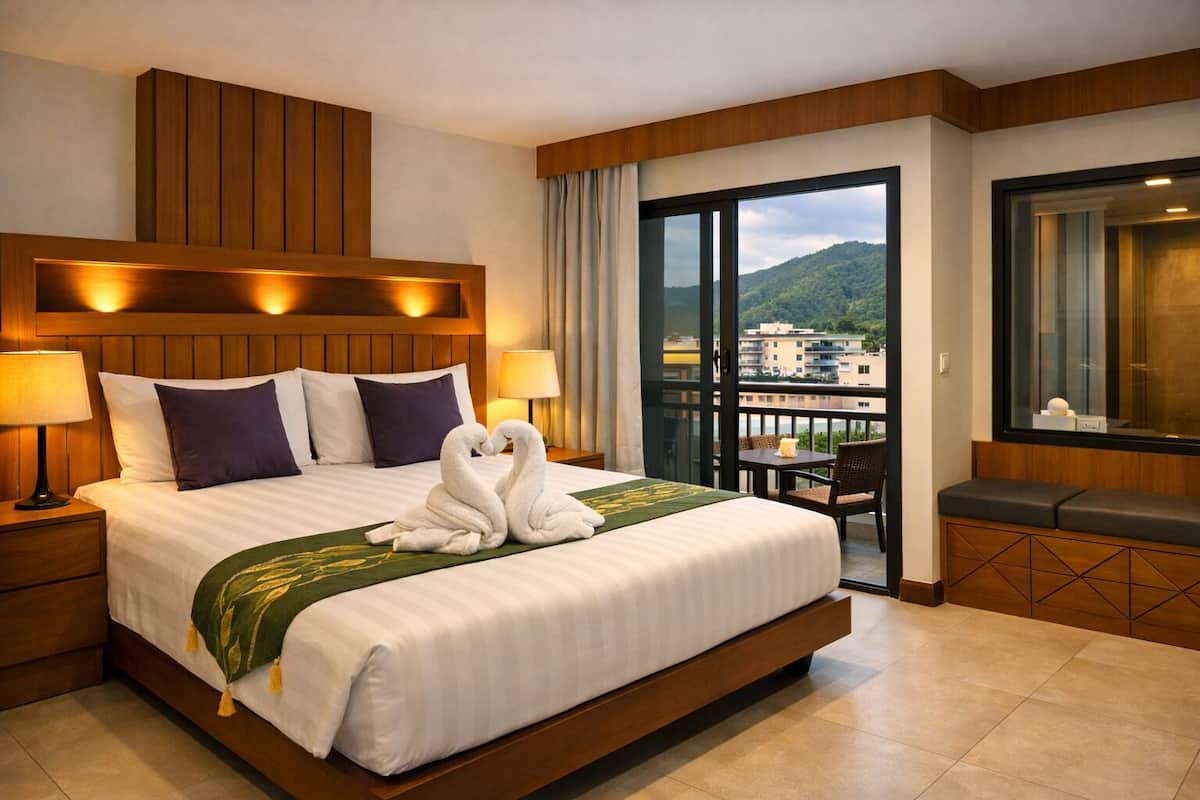 Une chambre d’hôtel avec un grand lit, deux oreillers, une table de chevet, une lampe, un plaid vert, une fenêtre donnant sur des bâtiments et des collines, un balcon avec une table et des chaises, et un coin salon avec un banc.