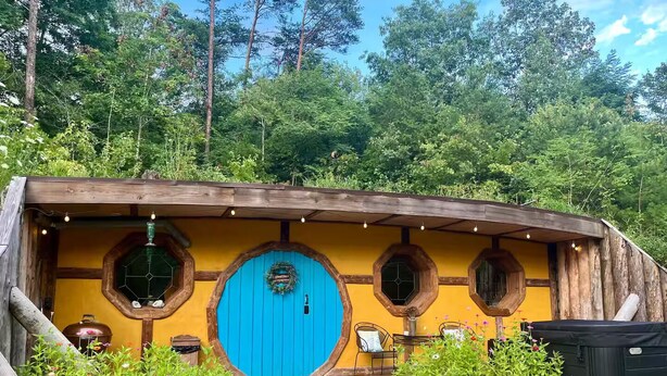 A Hobbit-style house with a blue door, wooden walls, and a garden area with plants and flowers.