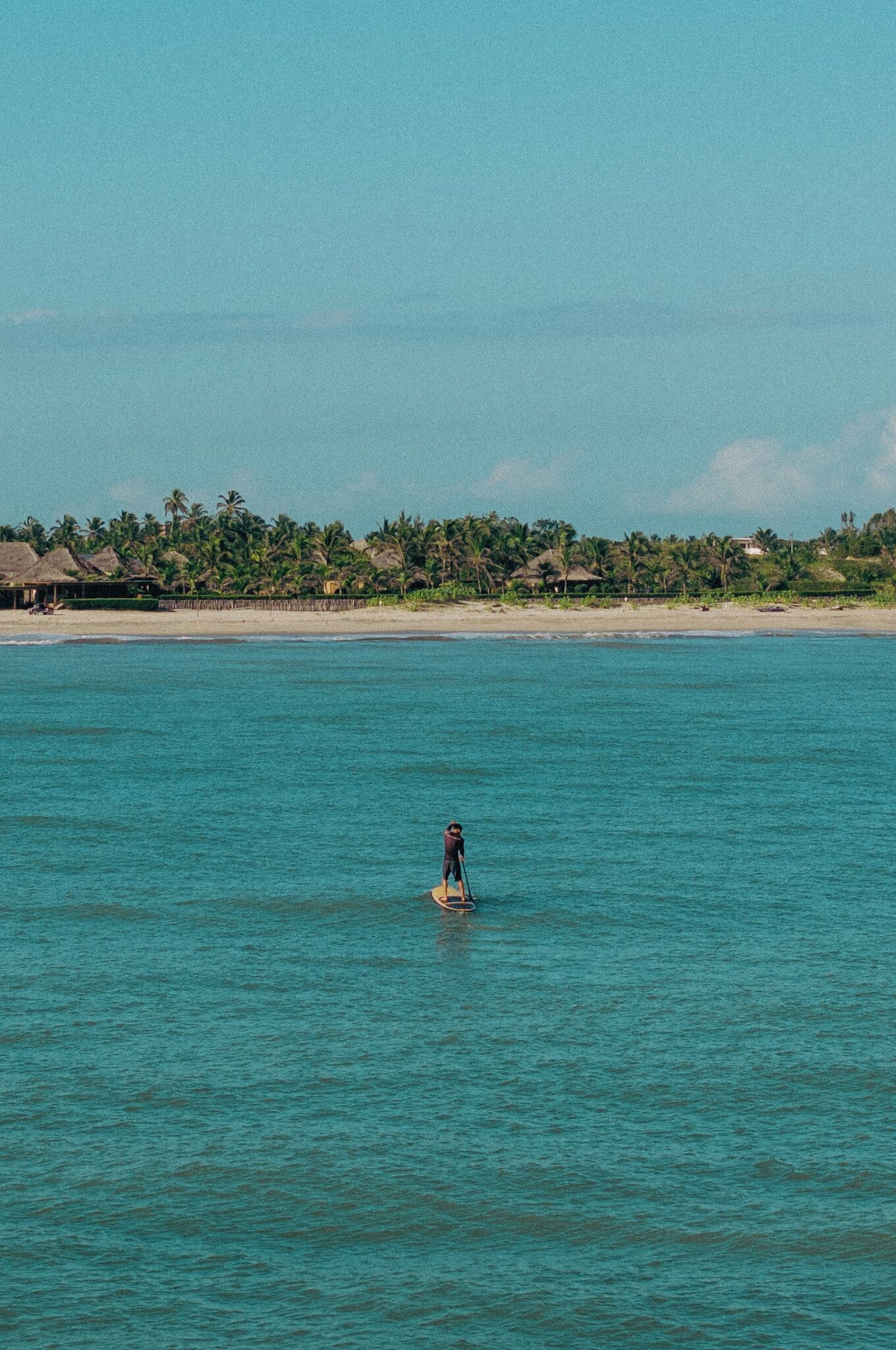 A person paddleboarding on clear turquoise waters with a beach and palm trees in the background.