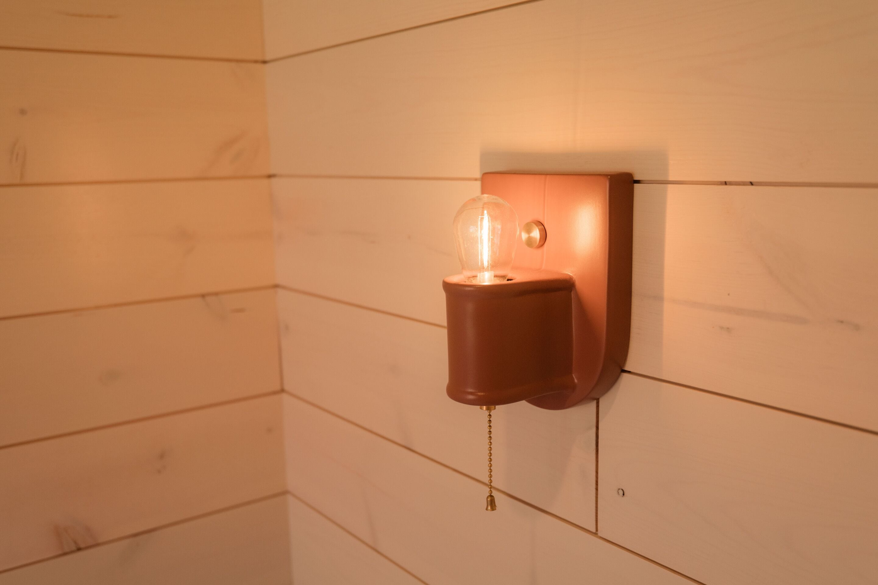 A wall-mounted light fixture with a clear glass bulb and a switch.