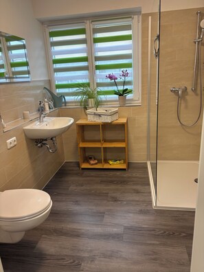 Shower, hair dryer, towels, soap - Vacation apartment in the green (Dittersdorf)