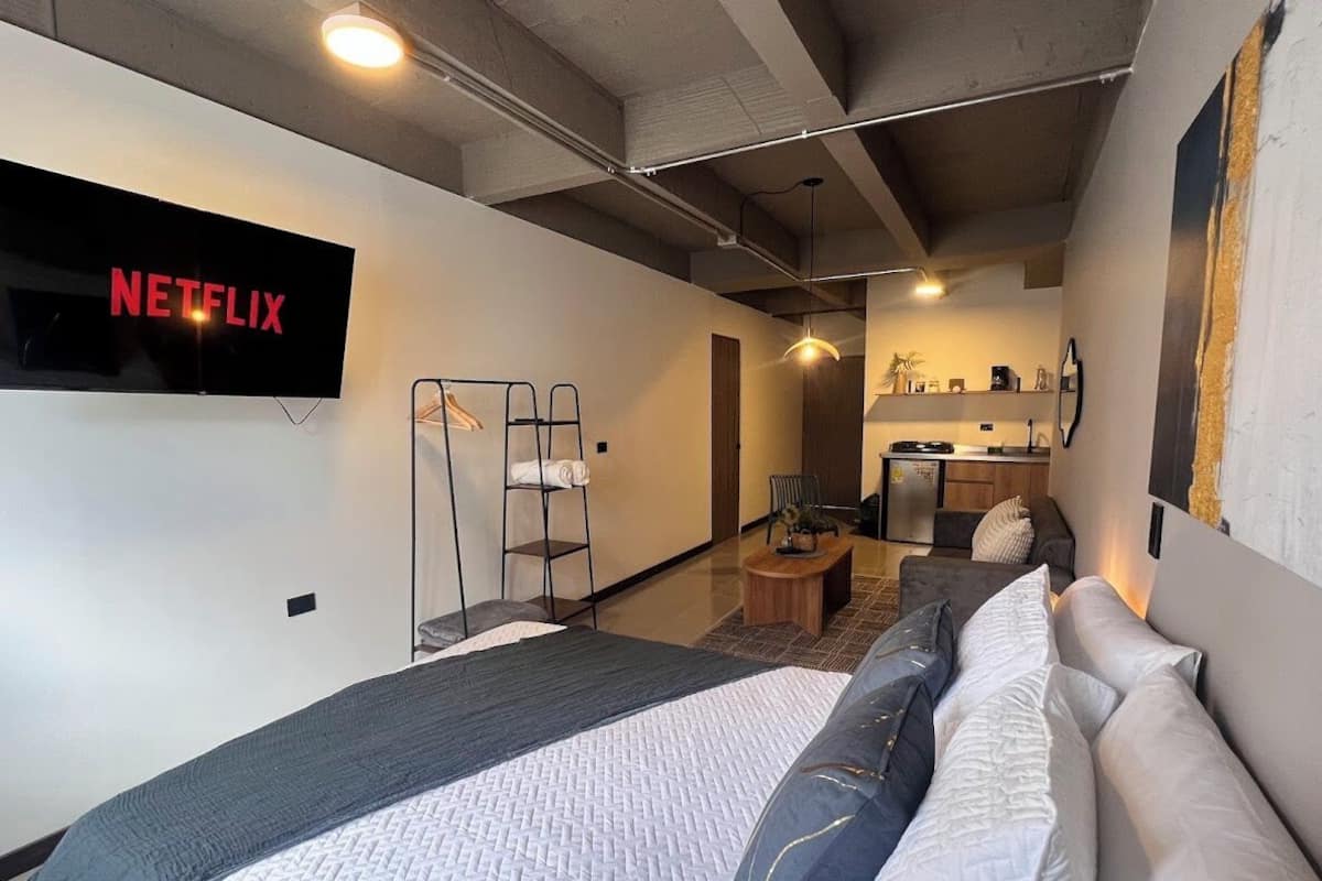 Estúdio luxo, 1 cama de casal, cozinha americana | Roupas de cama premium, edredons de pluma, frigobar, Wi-Fi de cortesia