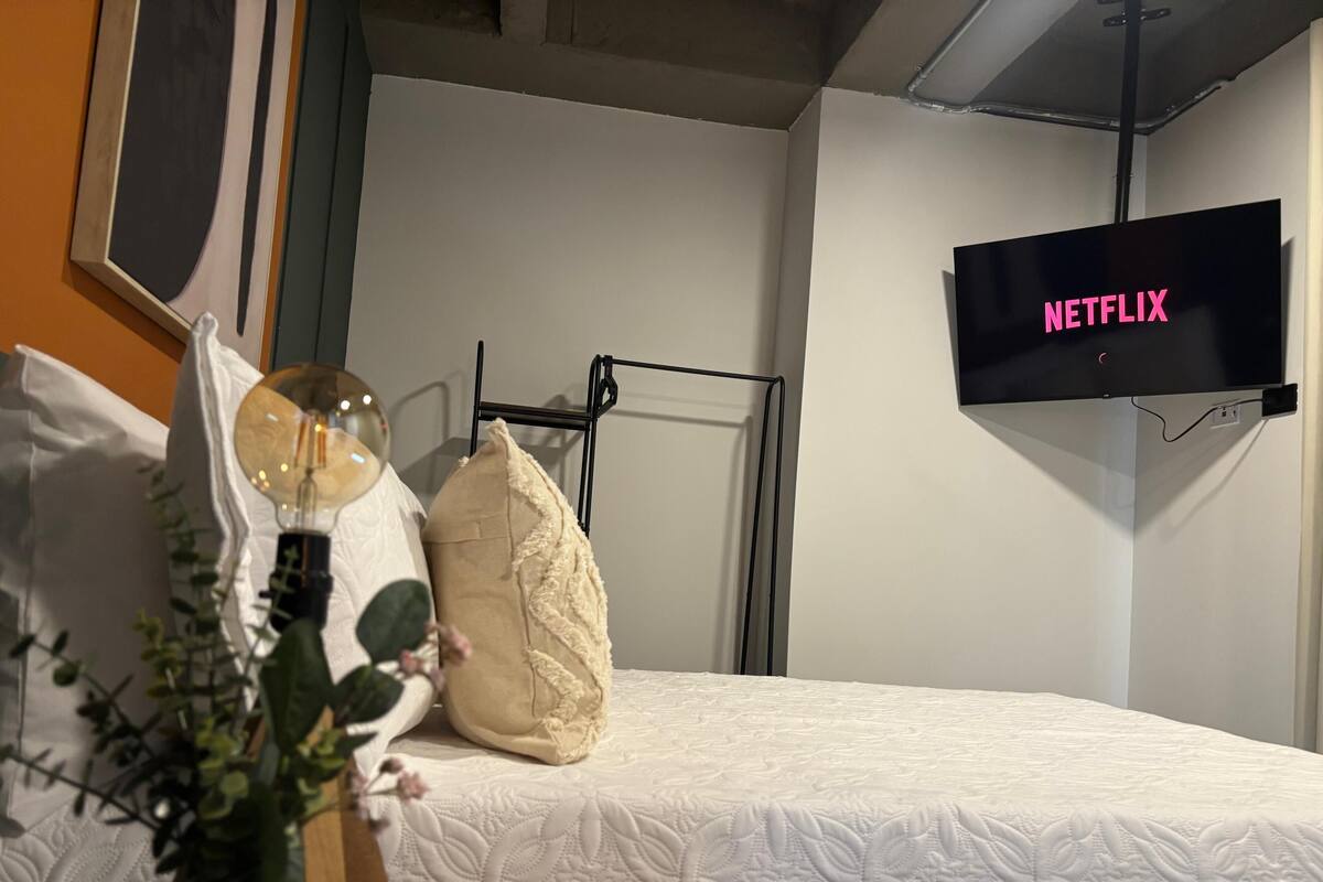 A bedroom with a bed, a wall-mounted TV displaying 'NETFLIX,' a bedside lamp, a decorative pillow, and a plant.