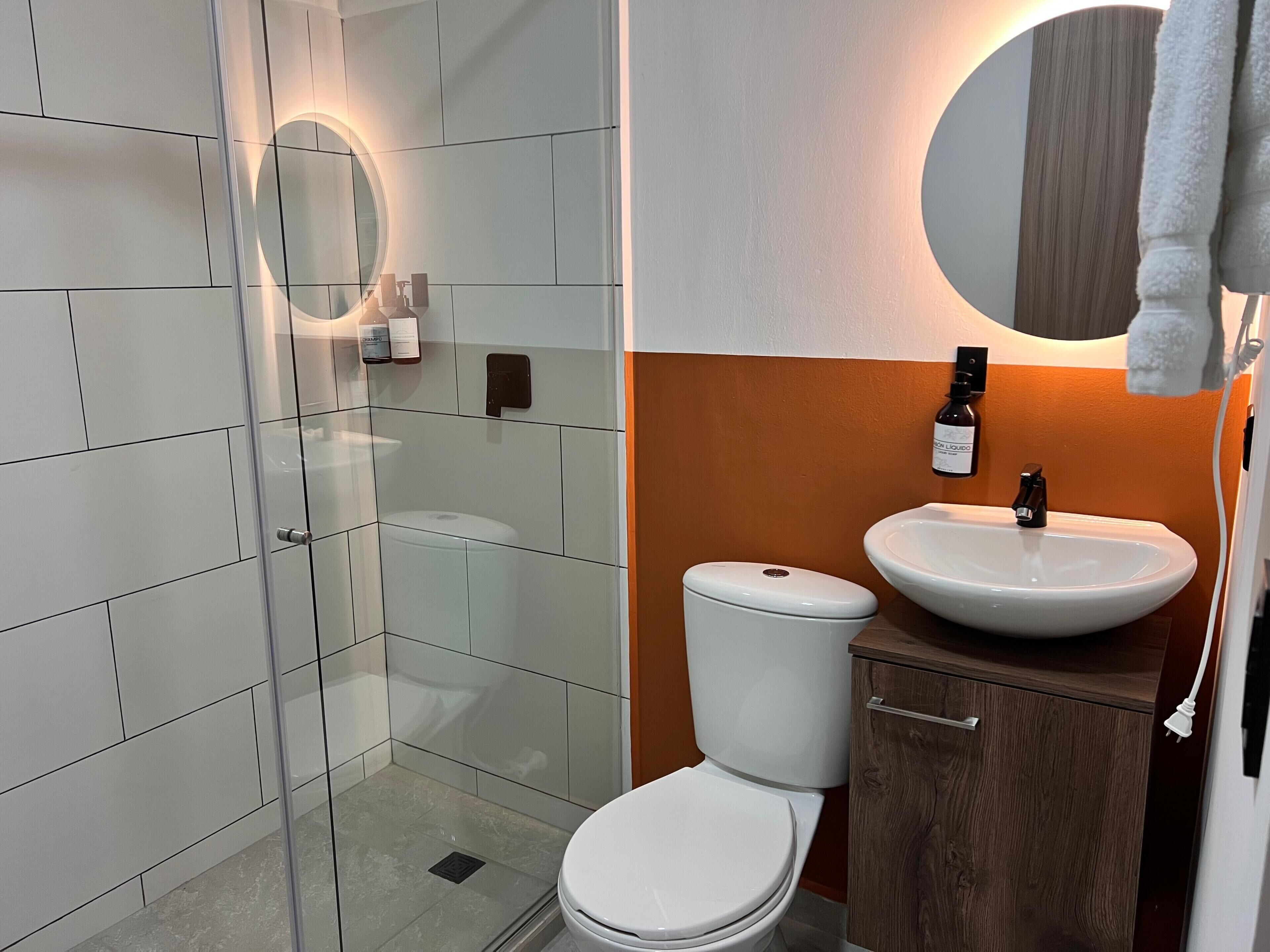Un baño moderno con cabina de ducha de vidrio, inodoro blanco, mueble de madera y lavamanos blanco con espejo arriba.