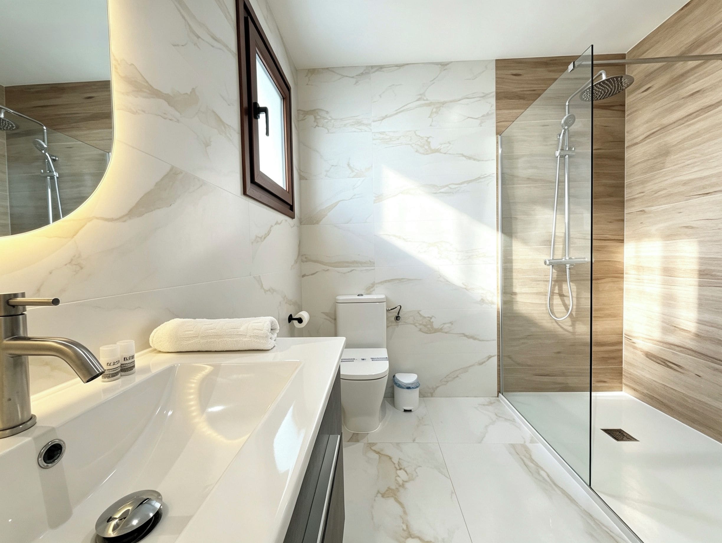 Une salle de bain moderne avec un grand lavabo blanc, une douche en verre et des toilettes.