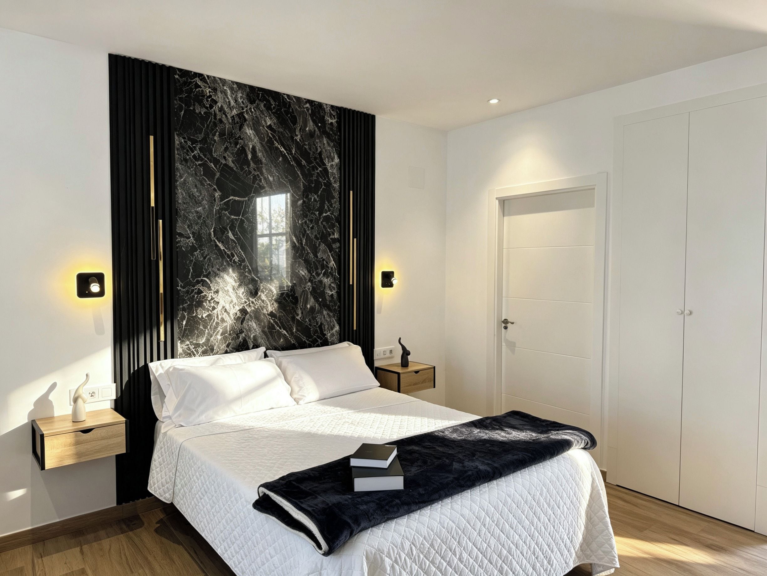 Un dormitorio moderno con cama, mesitas de noche, armario y una pared de acento de mármol.