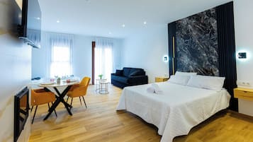 Premium bedding, down duvets, Select Comfort beds, desk